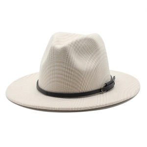 Classic beige plaid wool fedora hat with a black leather band and wide flat brim for unisex