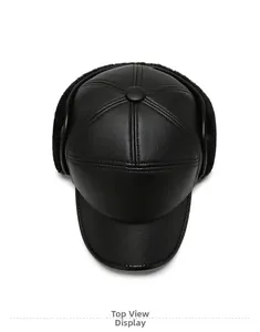 Top view of men's leather winter hat with warm ear flaps and thick plush lining inside