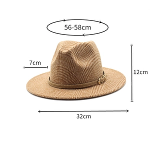 Flat lay of brown plaid fedora hat with leather band showing size measurements