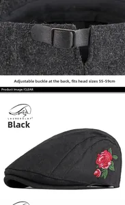 Détail d'une casquette plate noire en laine réglable avec broderie de rose rouge