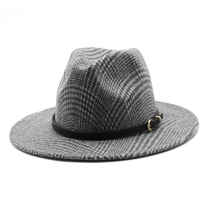 Classic British grey plaid wool fedora hat with a black leather band and gold buckle detail