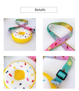 Détails du sac beignet en silicone jaune avec bandoulière arc-en-ciel et motifs sucrés