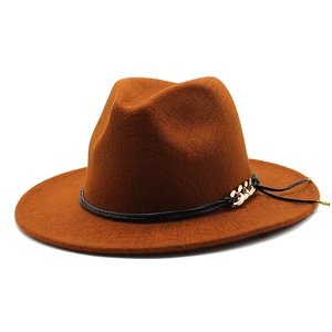 Brown wool felt fedora with textured pattern and decorative gold chain band