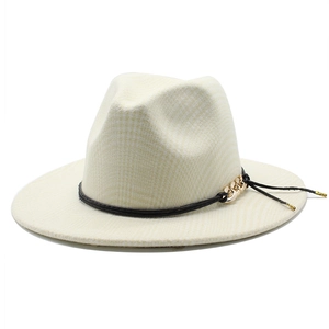 Classic creamy wool jazz fedora hat with fine plaid pattern and gold chain tassel detail