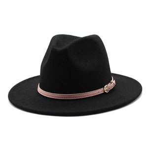 Classic black wool felt fedora hat featuring a stylish pink belt and metal buckle decor