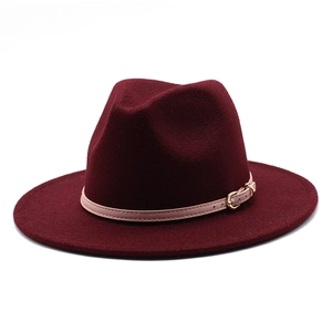Classic burgundy wool fedora hat featuring a pink faux leather belt with golden buckle