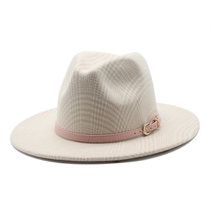 Classic wool felt fedora with pink leather band and beige houndstooth pattern for women
