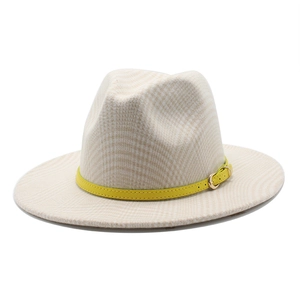 British style wool fedora hat in beige plaid pattern with yellow leather belt buckle strap