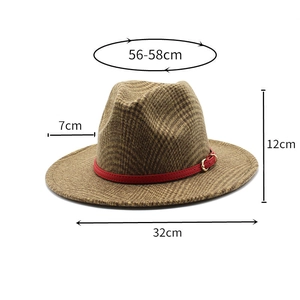 Detail view of houndstooth wool fedora with red leather band and sizing specifications