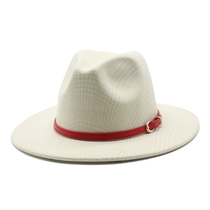 Beige plaid wool fedora hat with wide brim and red leather band for men and women