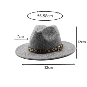 Detailed size chart of vintage grey wool fedora hat with leopard print belt detail