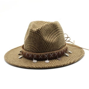 Brown checkered wool Fedora hat with ethnic woven band and metallic pendant details