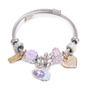Stainless steel cable bracelet with purple swan pendant and pink glass beads