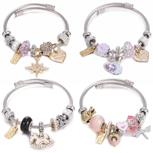 Stainless Steel Twisted Cable Bangle Bracelet With Alloy Enamel Charms Rhinestone Star Heart Horse For Women