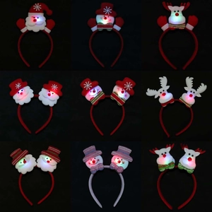 LED Christmas headbands featuring Santa, snowman, and reindeer in nine colorful styles