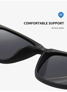 Détail de lunettes de soleil noir mat avec un large pont de nez intégré confortable