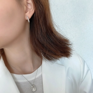 Detail of silver paved crystal stud earrings and textured coin necklace on a model