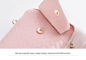 Detail of pink woven crossbody phone bag with secure gold magnetic buckle and zipper closure