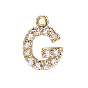 Detailed view of 18k gold plated letter G pendant with micro-paved cubic zirconia