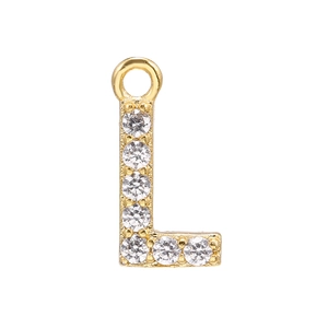 Detail of gold letter L pendant with micro-paved zircons for DIY jewelry making
