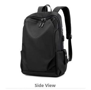 Black minimalist Oxford laptop backpack side view showing USB charging port and mesh straps