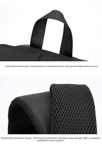 Detail of durable webbing handle and breathable honeycomb mesh shoulder straps on backpack
