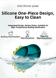 Detail of dinosaur-shaped silicone baby plate showing easy-clean waterproof texture