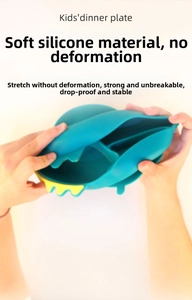 Close-up of flexible blue silicone dinosaur plate showing high durability and elasticity