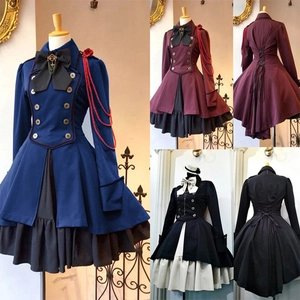 Women Vintage Gothic Lolita Dress Long Sleeve Double Breasted Bow Tie Ruffle Victorian Cosplay Festival Gown Polyester