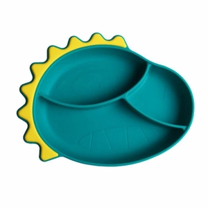 Detail of dinosaur-shaped silicone divided plate in teal with yellow serrated edges