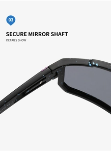 Detail of secure mirror shaft and CE marked temple hinge for matte black sports sunglasses