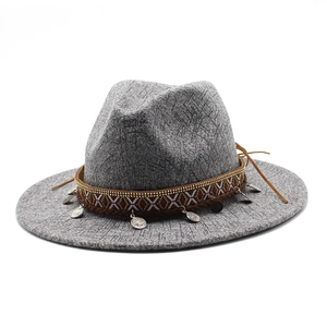 Vintage Ethnic Wool Fedora Hat For Men Women Wide Brim Bohemian Tribal Jazz Hat With Metal Coin Pendants Retro Cowboy Hat