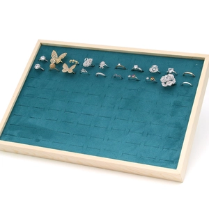Green velvet and solid wood jewelry display tray for rings and ear studs storage