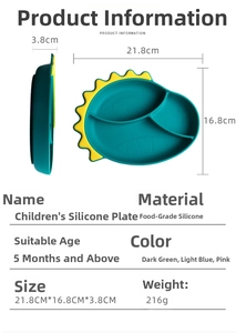 Detailed size specifications for a dinosaur silicone baby plate with dimensions and weight