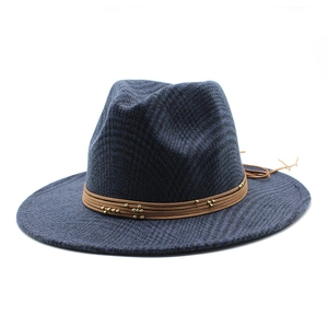 Cappello fedora classico in lana a quadri blu e neri con cordino marrone e perline