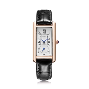 Elegant rectangular quartz watch with rose gold case and black leather strap for women