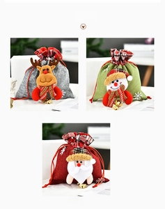Detailed view of Christmas drawstring bags with 3D plush deer, snowman, and Santa dolls