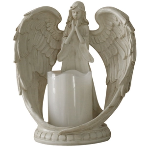 Nordic resin praying angel candle holder with elegant wings and white LED candle