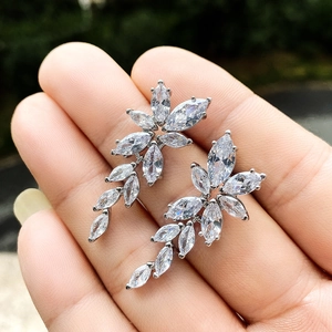 Silver marquise-cut marquise zircon cluster drop earrings in leaf-shaped floral design