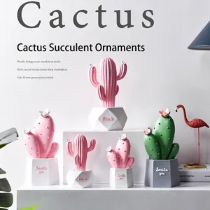Nordic artificial pink cactus figurines with geometric pots for home room decoration