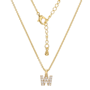 Close-up of golden necklace with crystal-encrusted letter W pendant and lobster clasp