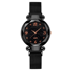 Damen Sternenhimmel Quarzuhr mit schwarzem Magnetarmband und roségoldenen Ziffern