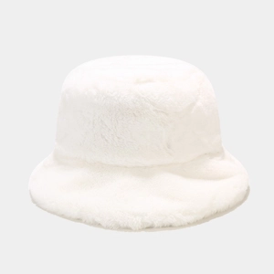 Close-up of thick white faux fur texture on a warm winter bucket hat for women