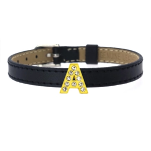 Black leather strap bracelet with sparkling rhinestone gold letter A pendant