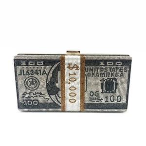 Sparkling crystal encrusted dollar bill clutch bag with metallic closure for evening gala
