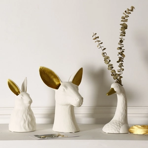 Nordic Ceramic Animal Head Vase Modern Matte White Gold Accent Rabbit Deer Swan Head Ornament Home Decor Luxury Desk Sculpture