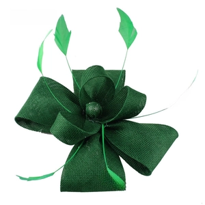Detailed view of the dark green Sinamay bow fascinator with elegant feathers