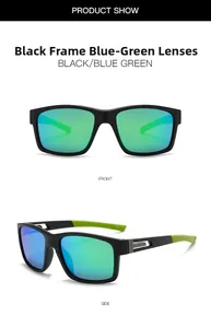 Vue détaillée des lunettes de sport avec monture noire et verres miroirs bleu-vert