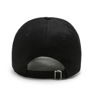 Adjustable black cotton twill baseball cap with metal buckle strap and back detail view