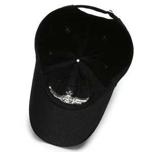 Black cotton baseball cap showing internal six-panel structure and silver embroidery